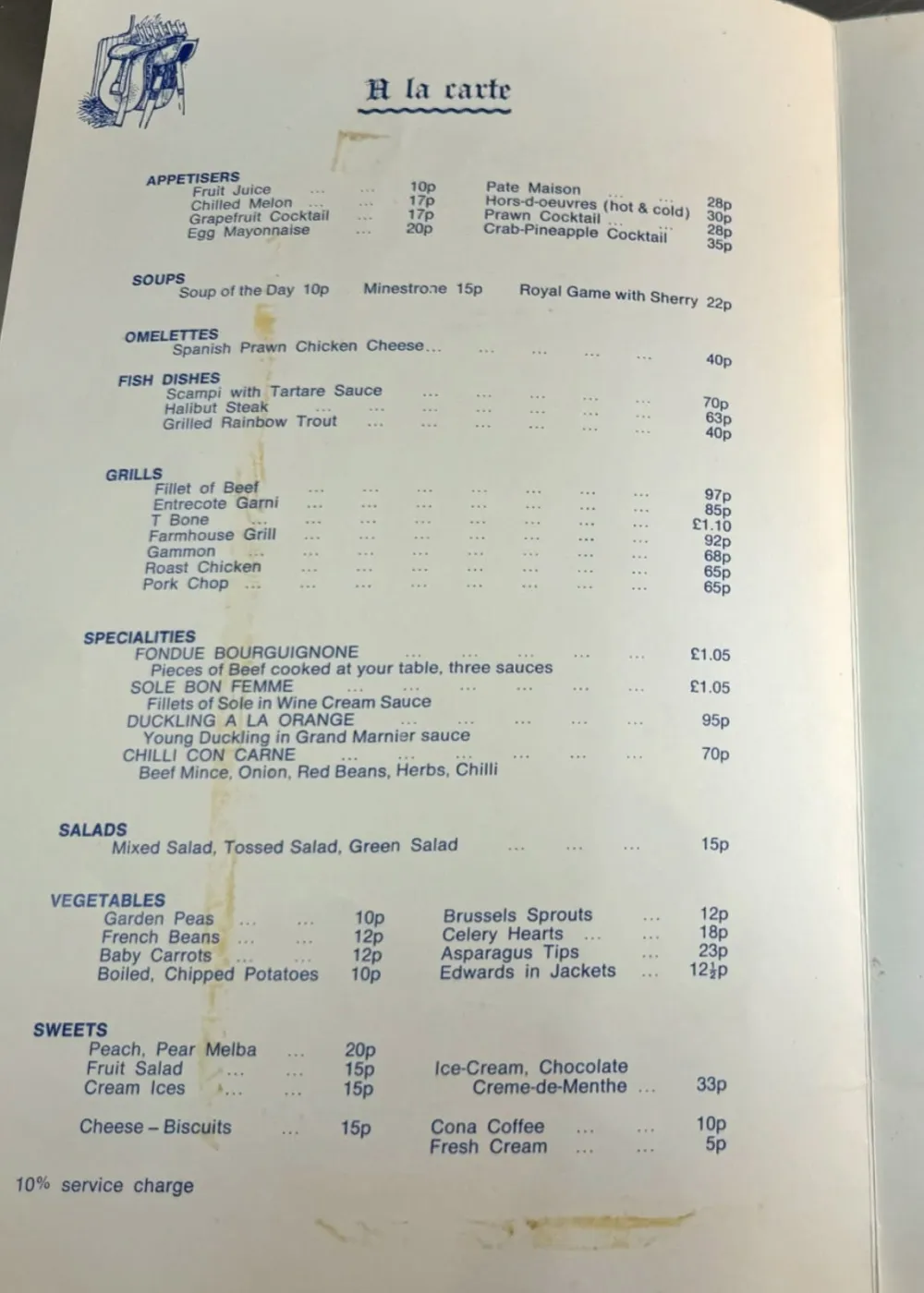 A vintage restaurant menu titled 'A la carte' listing appetizers, soups, omelettes, fish dishes, grills, specialties, salads, vegetables, and sweets with prices in pence and pounds.