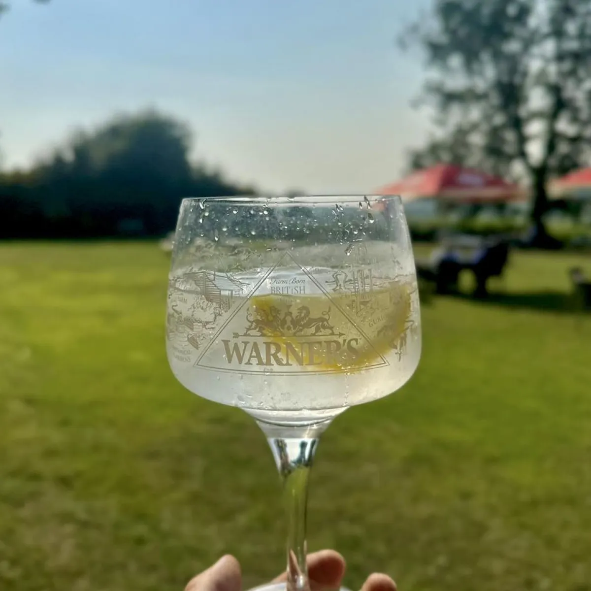 Hand holding a Warner's branded glass with a clear drink and lemon slices outdoors on a grassy field with tables and umbrellas in the background.