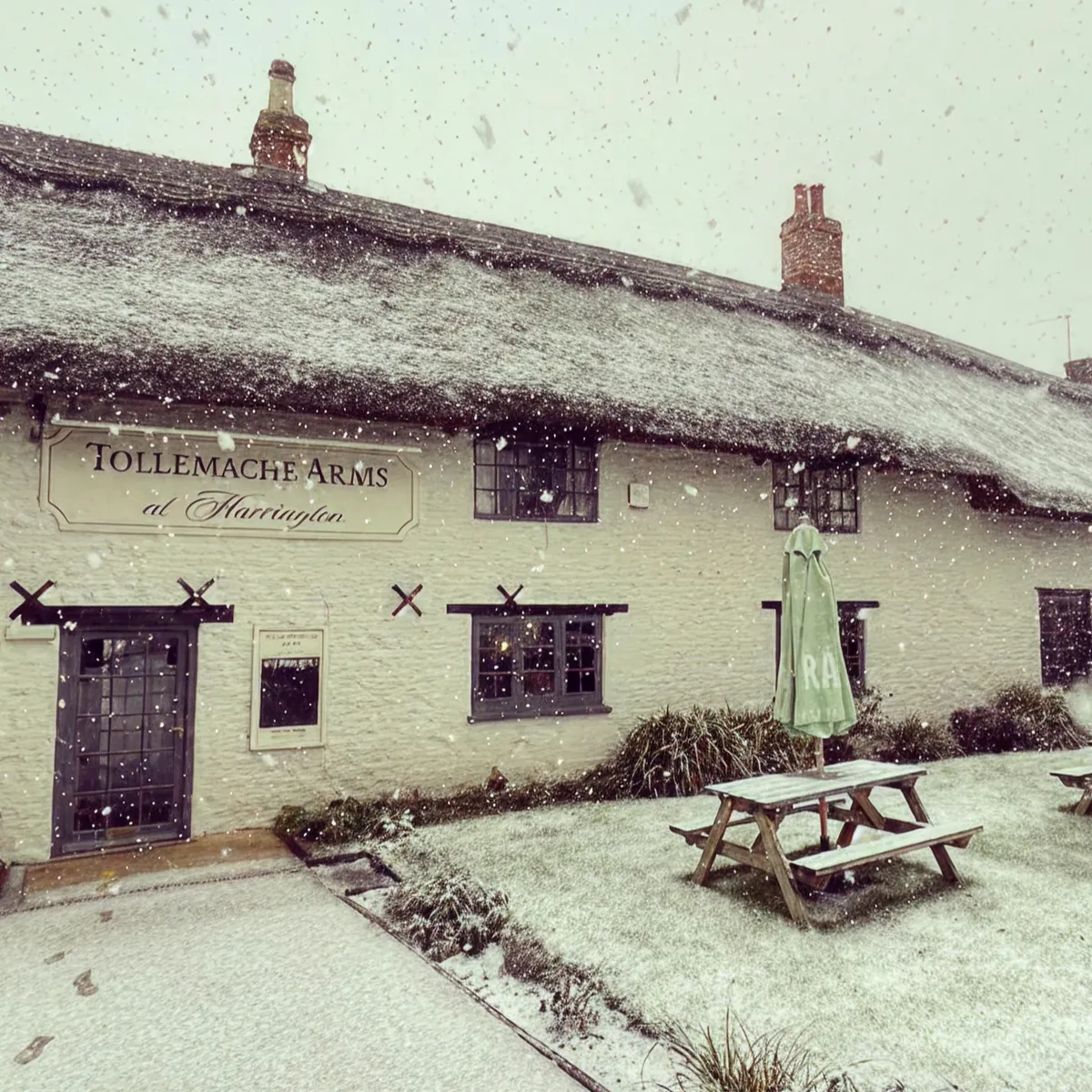 Snowfall covering the thatched roof and garden of Tollemache Arms pub with picnic benches and closed umbrella outside.