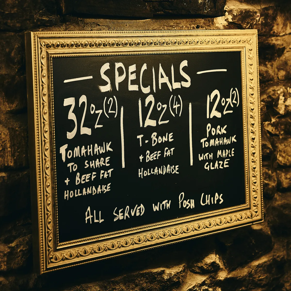 Chalkboard menu listing three specials: 32oz Tomahawk to share with beef fat hollandaise, 12oz T-bone with beef fat hollandaise, and 12oz pork tomahawk with maple glaze, all served with posh chips.