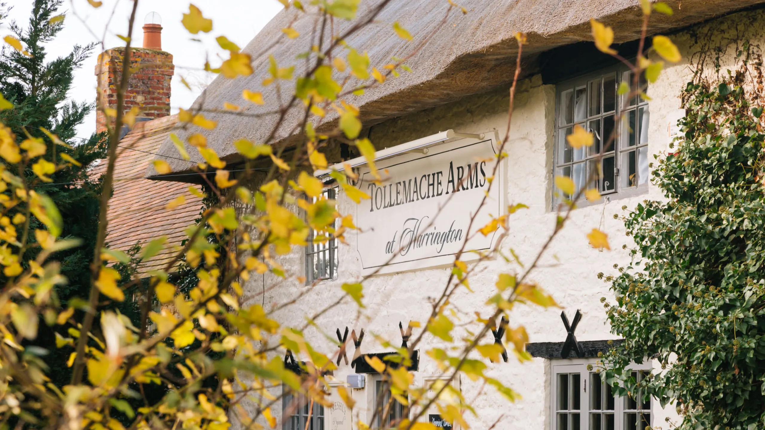 Thatched roof building with a sign reading 'Tollemache Arms at Harrington' partially obscured by yellow autumn leaves.