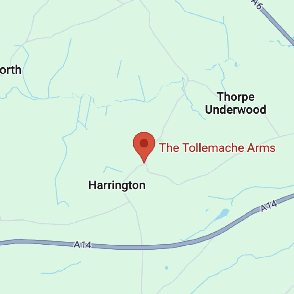 Map showing The Tollemache Arms located near Harrington and Thorpe Underwood along road A14.
