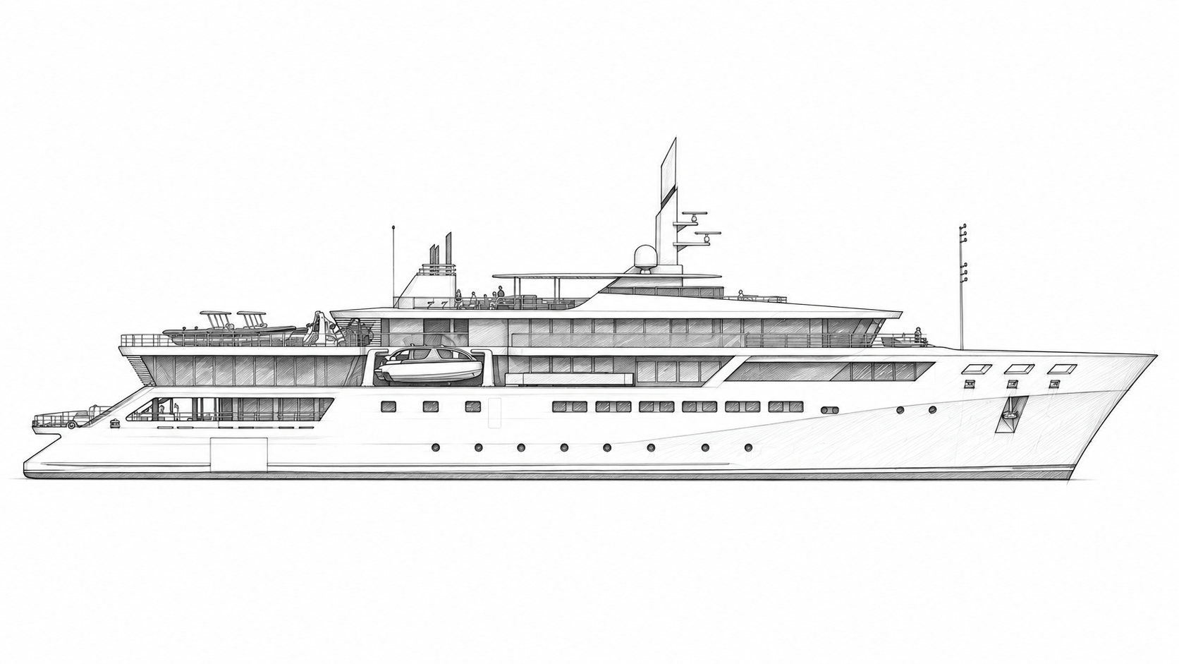 Side profile drawing of a large modern luxury yacht with multiple decks, detailed windows, antennas, and a small boat secured on the upper deck.