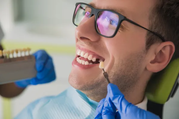 Dentist holding a dental shade guide near the teeth of a smiling man wearing glasses.