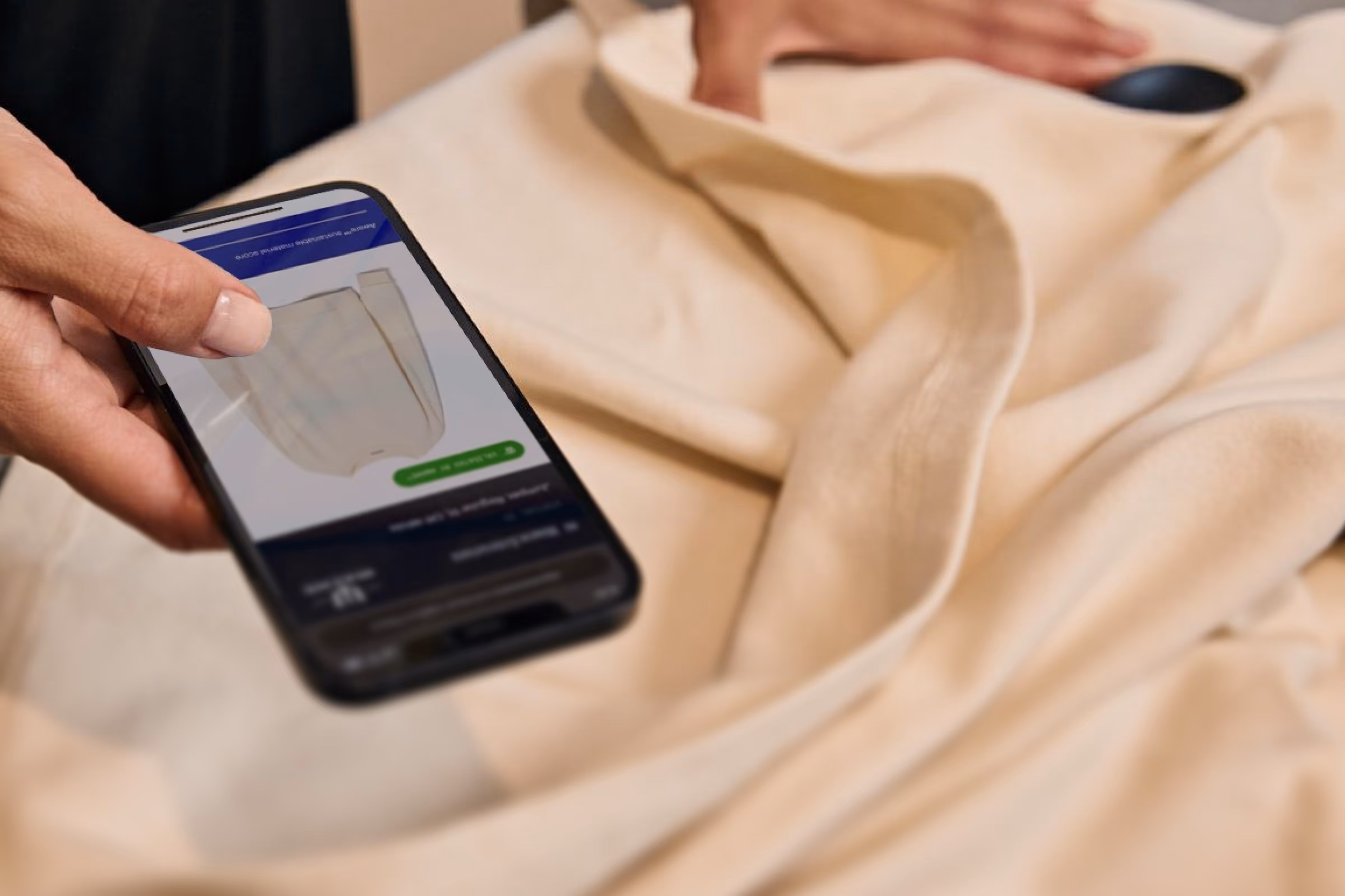 Hand holding smartphone displaying a clothing item design next to beige fabric with a hand adjusting it.