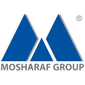 Logo of Mosharaf Group with three blue triangular shapes forming the letter M above the company name.