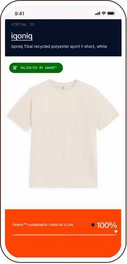 Smartphone screen displaying an iqoniq Tkai recycled polyester white sport t-shirt with 100% sustainable material score validated by Aware.