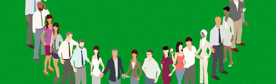 Illustration of diverse people holding hands forming a heart shape on a green background.