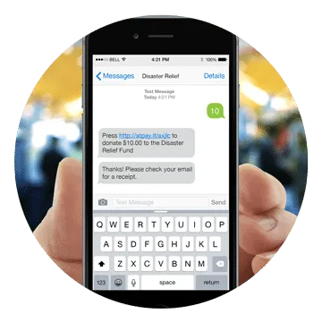 Example of how the text-to-give process works, showing a donor submitting a $10 donation
