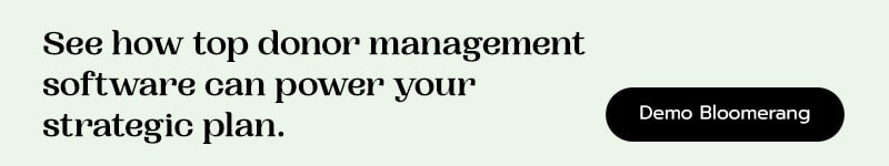 Text saying how top donor management software can power your strategic plan with a Demo Bloomerang button.