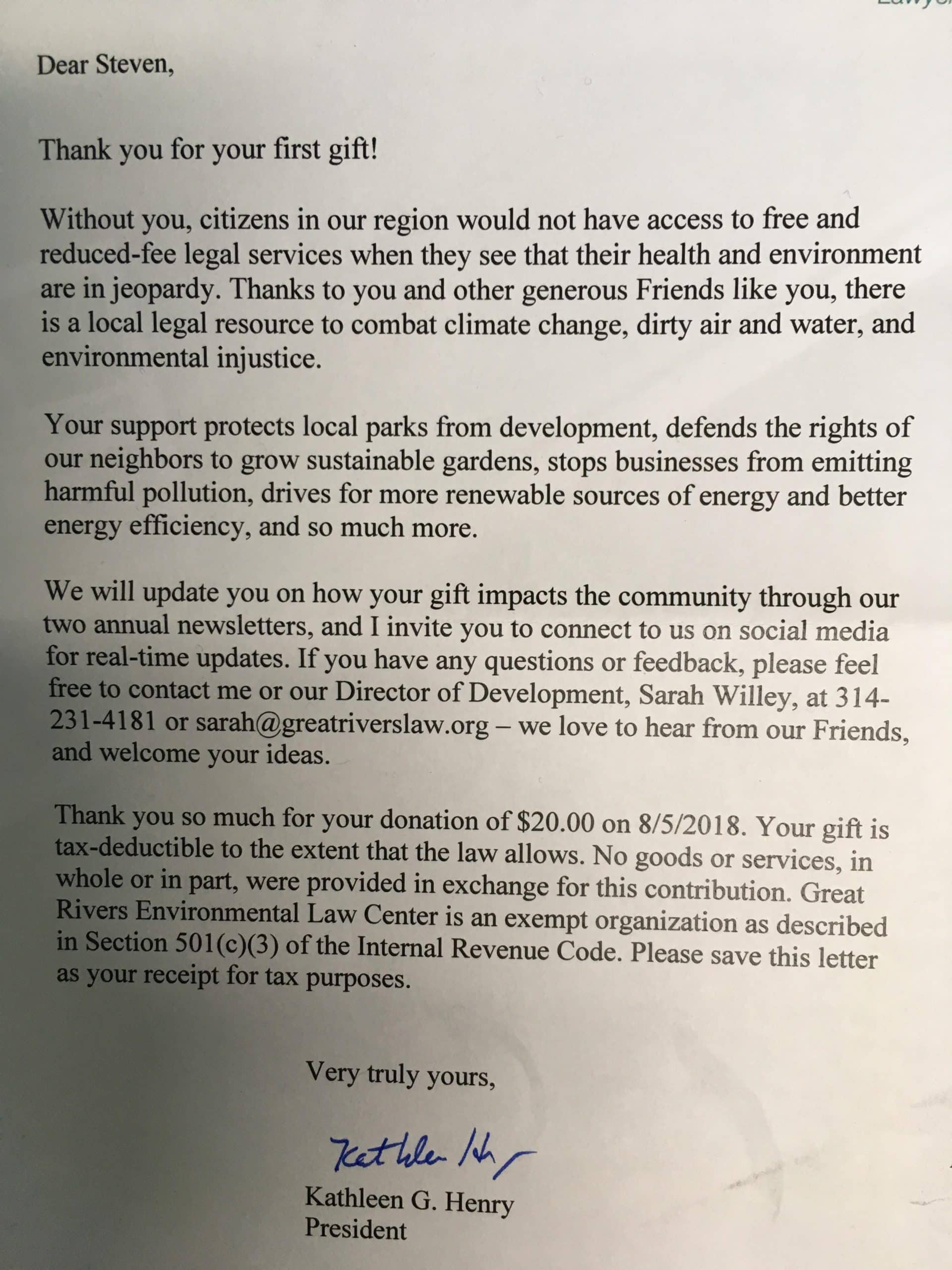 Great Rivers thank you letter gift acknowledgement
