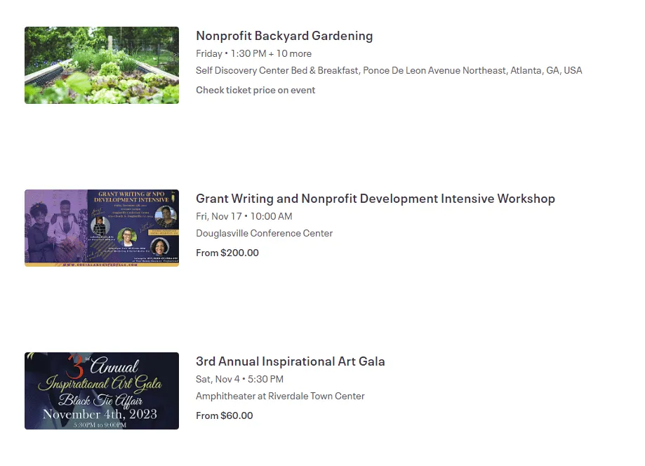 This screenshot shows examples of nonprofit events listed in EventBrite’s database.