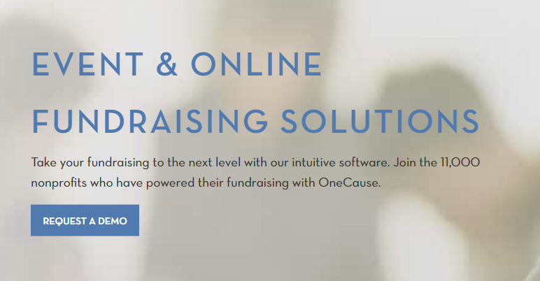 This screenshot shows the homepage for OneCause, a nonprofit software solution to help manage auction events.