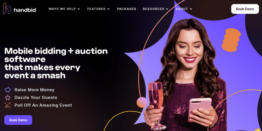 This screenshot shows Handbid’s homepage, a nonprofit software tool for auction events.