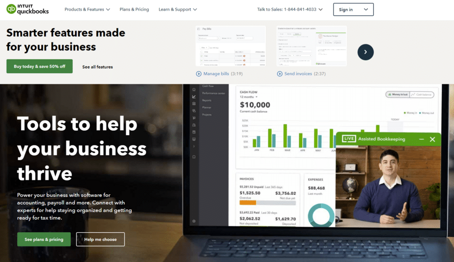 This screenshot shows the QuickBooks homepage, a helpful accounting software solution.