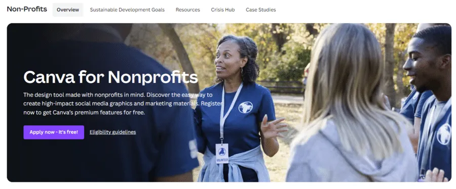 This screenshot shows the homepage for Canva for Nonprofits, a nonprofit software solution for graphic design.