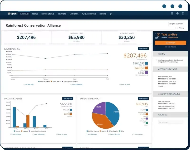 This image shows a dashboard within Aplos.