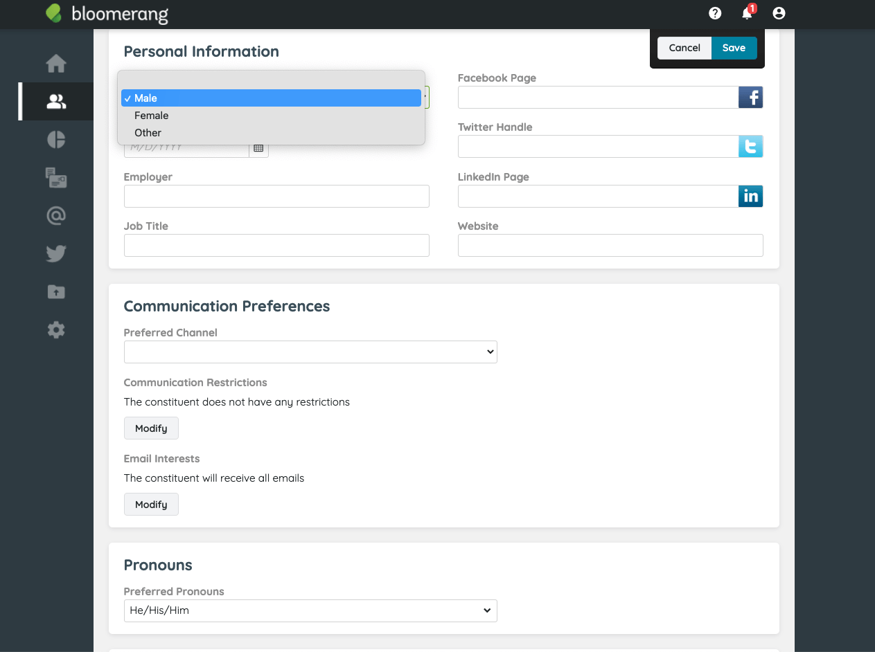 User form with personal info fields, gender dropdown, social media links, communication preferences, and pronouns selection.