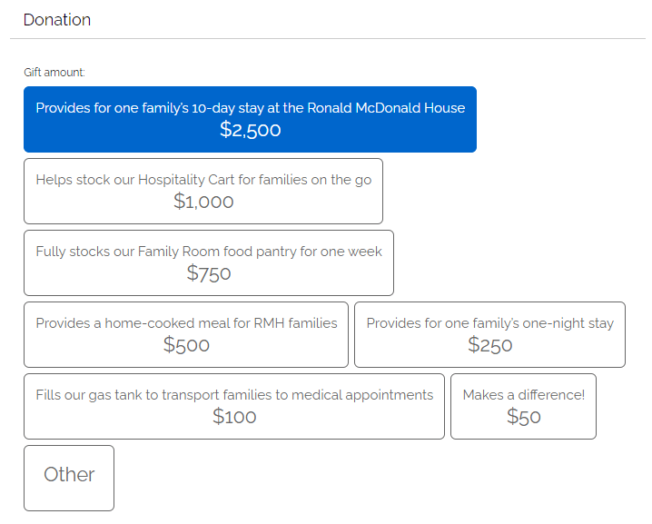 The Ronald McDonald House Charities memorial donation page highlights the impact of giving at different levels.
