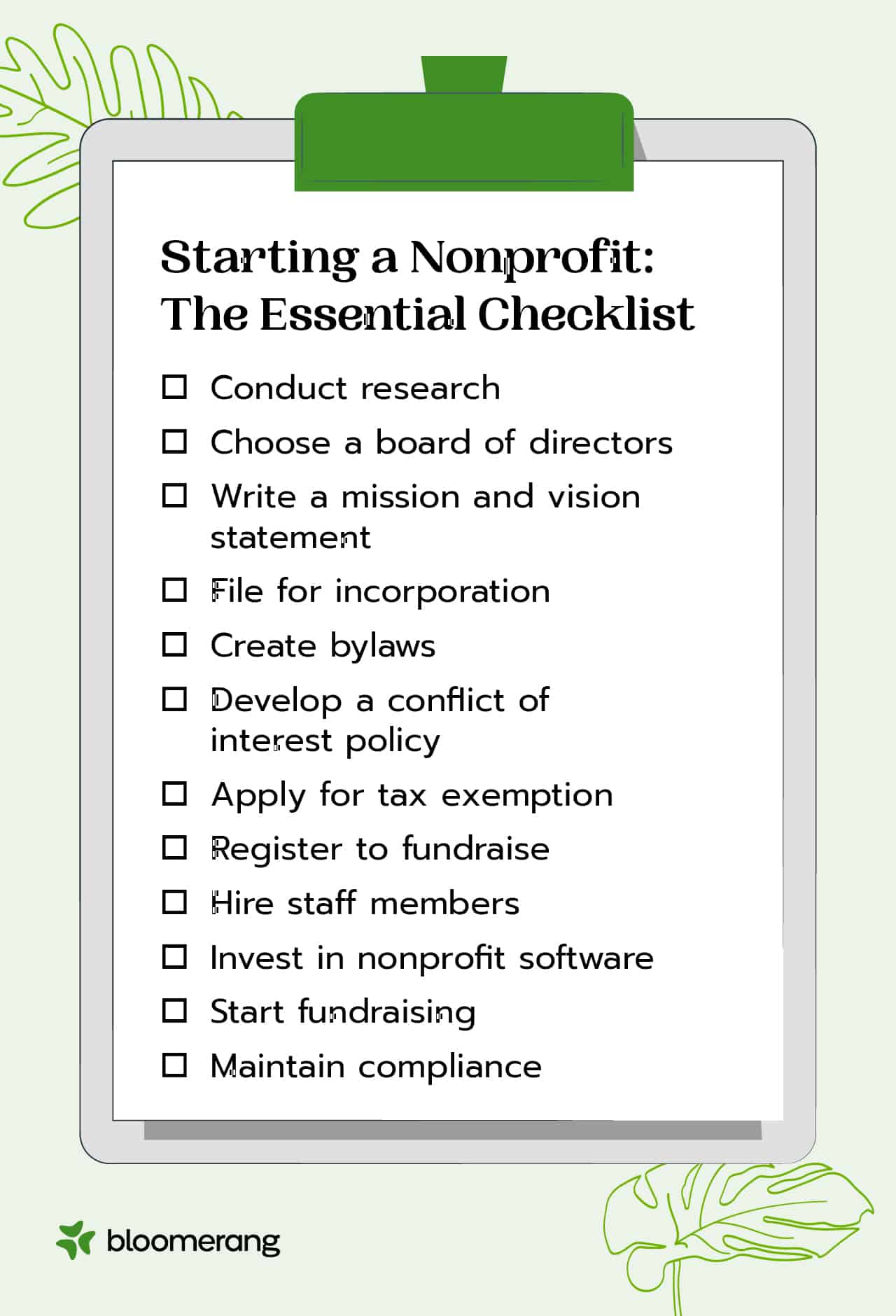 12 essential steps of starting a nonprofit (explained in the sections below)