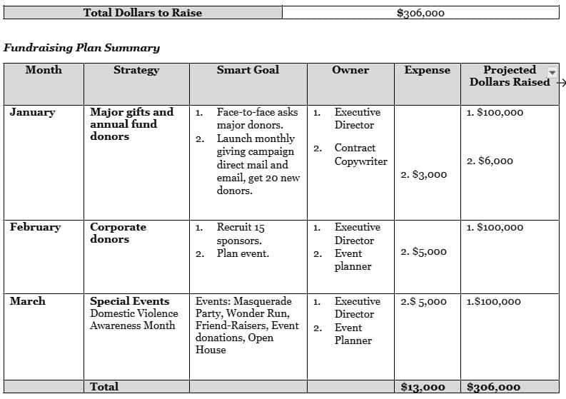 Fundraising plan summary table showing monthly goals, owners, expenses, and projected dollars to raise $306,000 total.