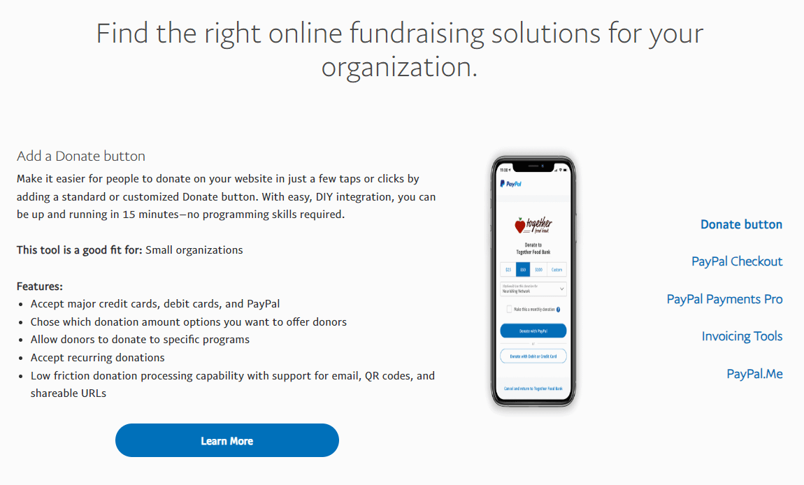 This screenshot shows features of PayPal, a top fundraising website for nonprofits.