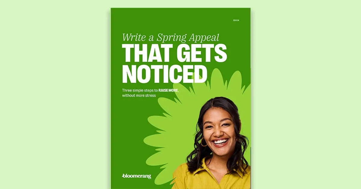 Ebook cover: Write a Spring Appeal That Gets Noticed with smiling woman and green floral background.