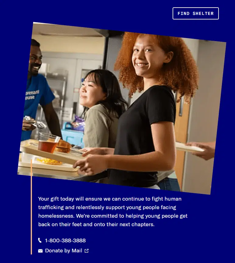This image shows the compelling image on the Covenant House donation page.