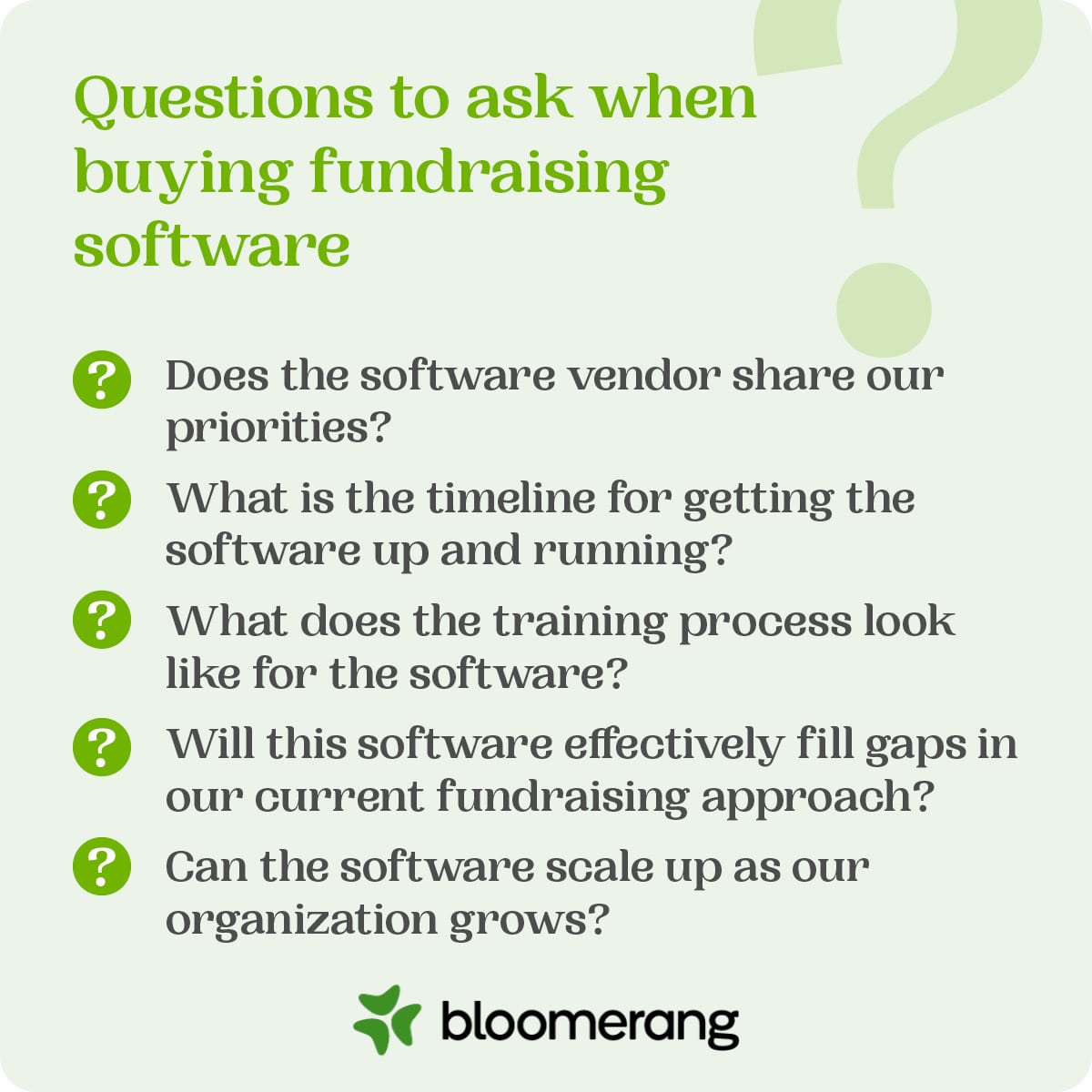 Ask yourself these five questions before buying fundraising software (explained further in the text below).