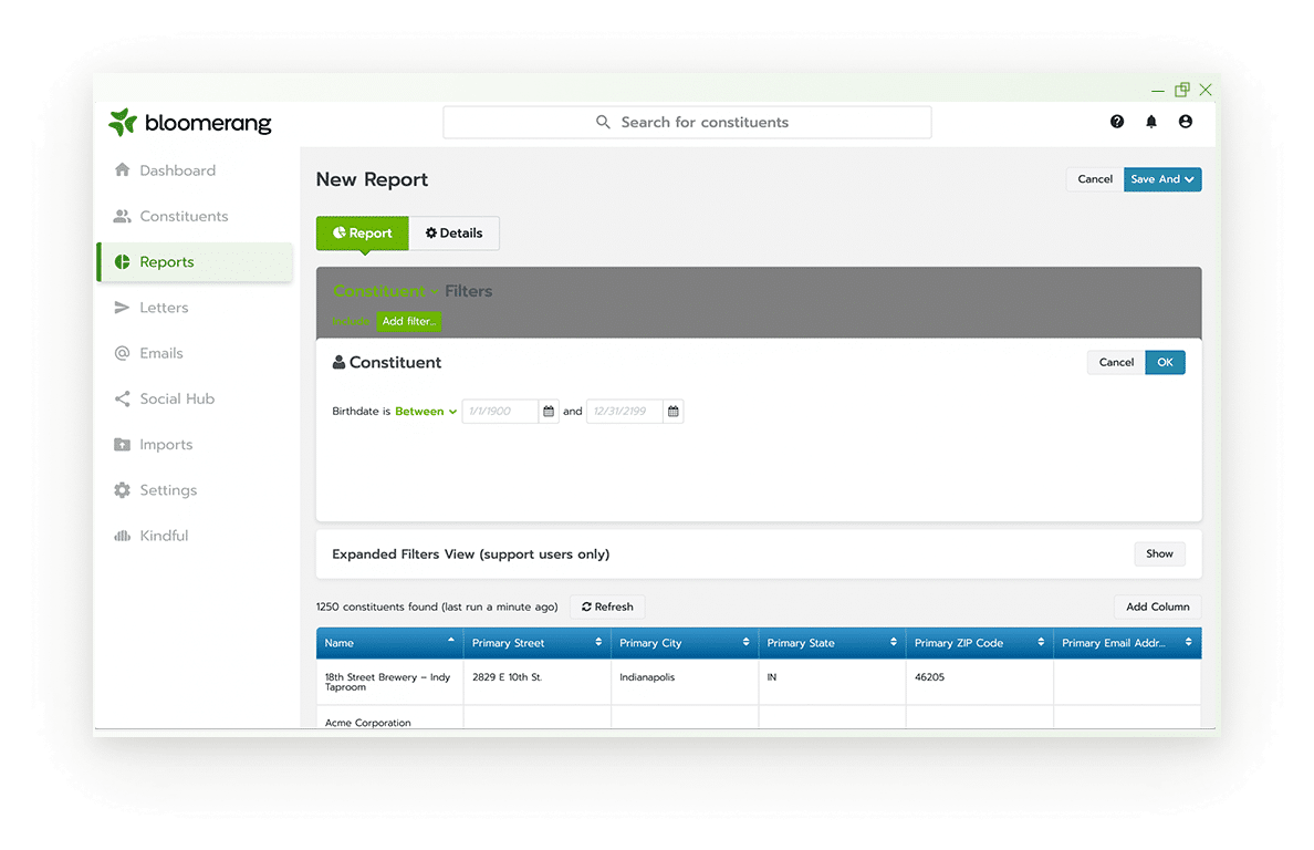 Example of the custom reporting functionality in Bloomerang