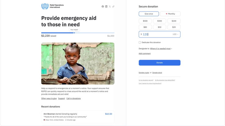 This image shows an example of a campaign made with the help of Fundraise Up's online fundraising platform.