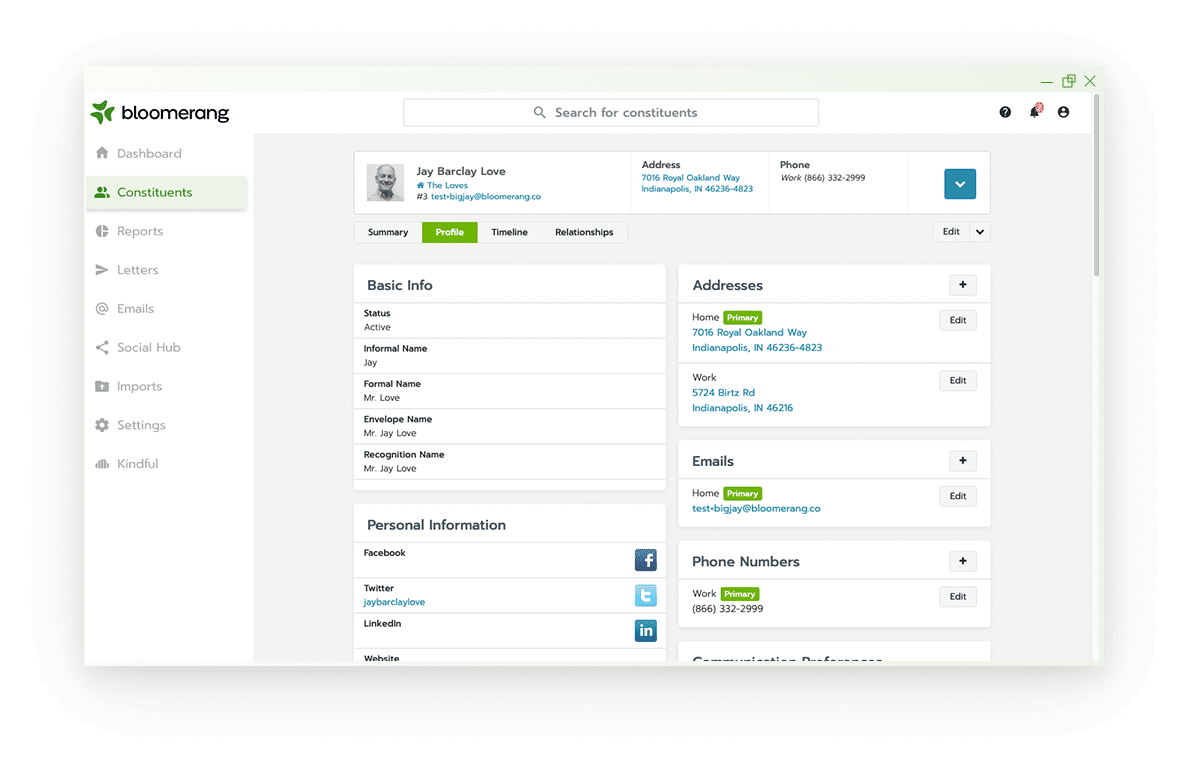Bloomerang’s user interface with a constituent profile showing