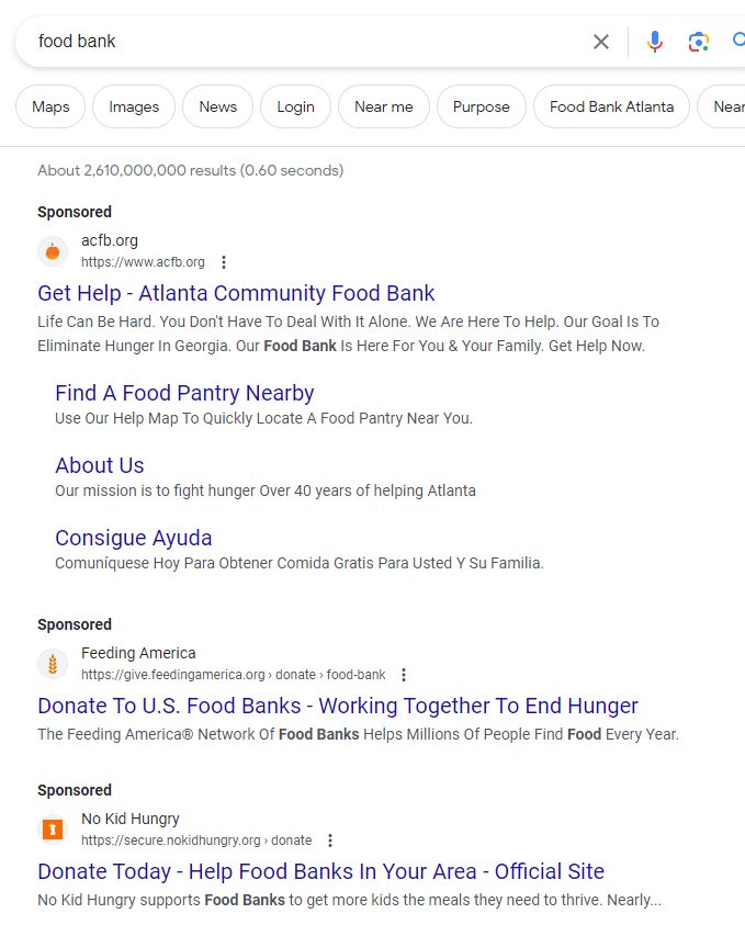 This image shows an example of the search engine results page for the term "food bank."