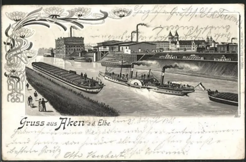Historische Postkarte „Gruss aus Aken a.d. Elbe“ mit Dampfschiffen, ein Blick in die industrielle Geschichte der Region nahe dem Lorf B&B.