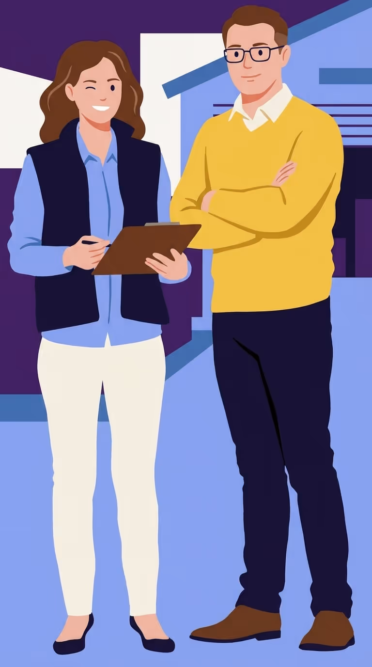 Un chef cuisinier et une gestionnaire en cuisine professionnelle discutant de l'utilisation de l'IA pour simplifier leur gestion quotidienne et gagner du temps.