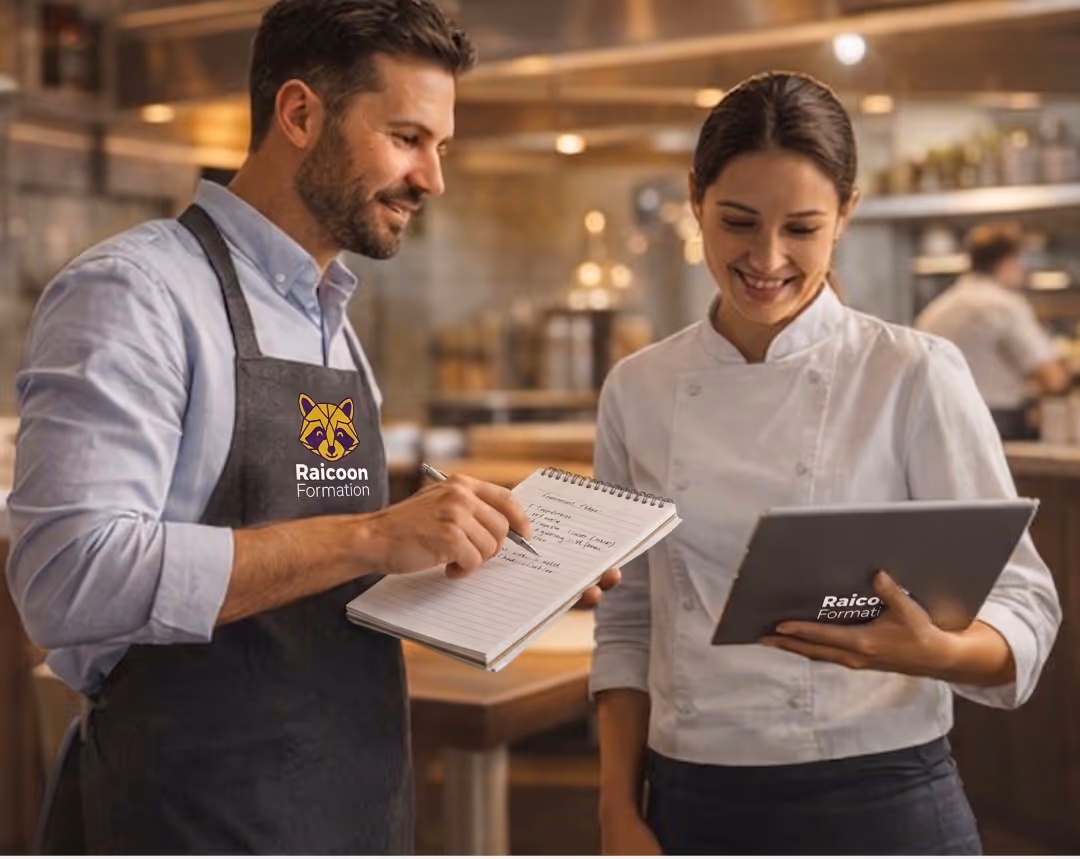 Un expert Raicoon Formation et une cheffe de cuisine souriants, consultant le tableau de bord numérique sur tablette directement dans un restaurant.