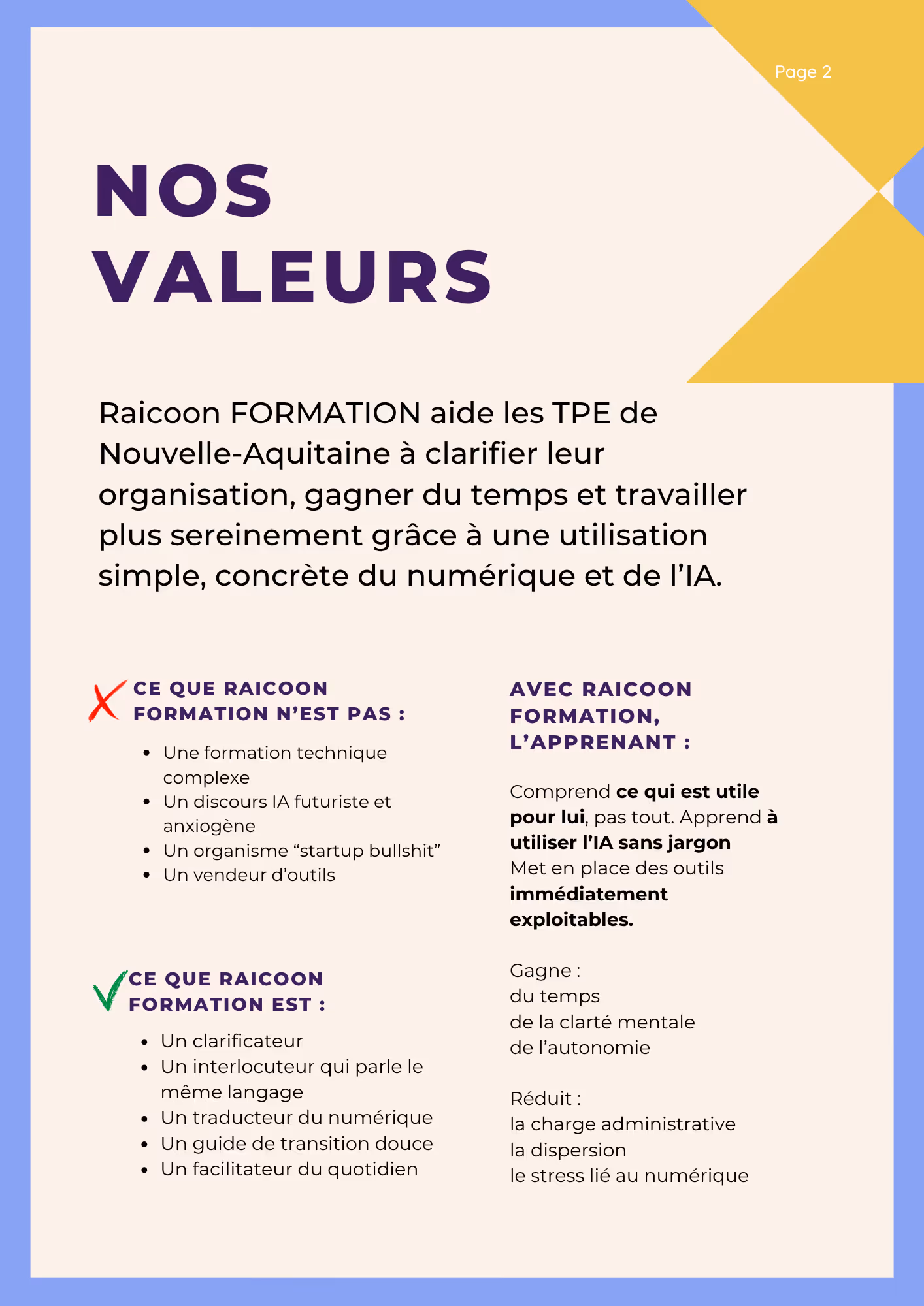 Présentation des valeurs d'apprentissage de Raicoon : une approche claire, sans jargon, pour faire gagner du temps aux dirigeants.