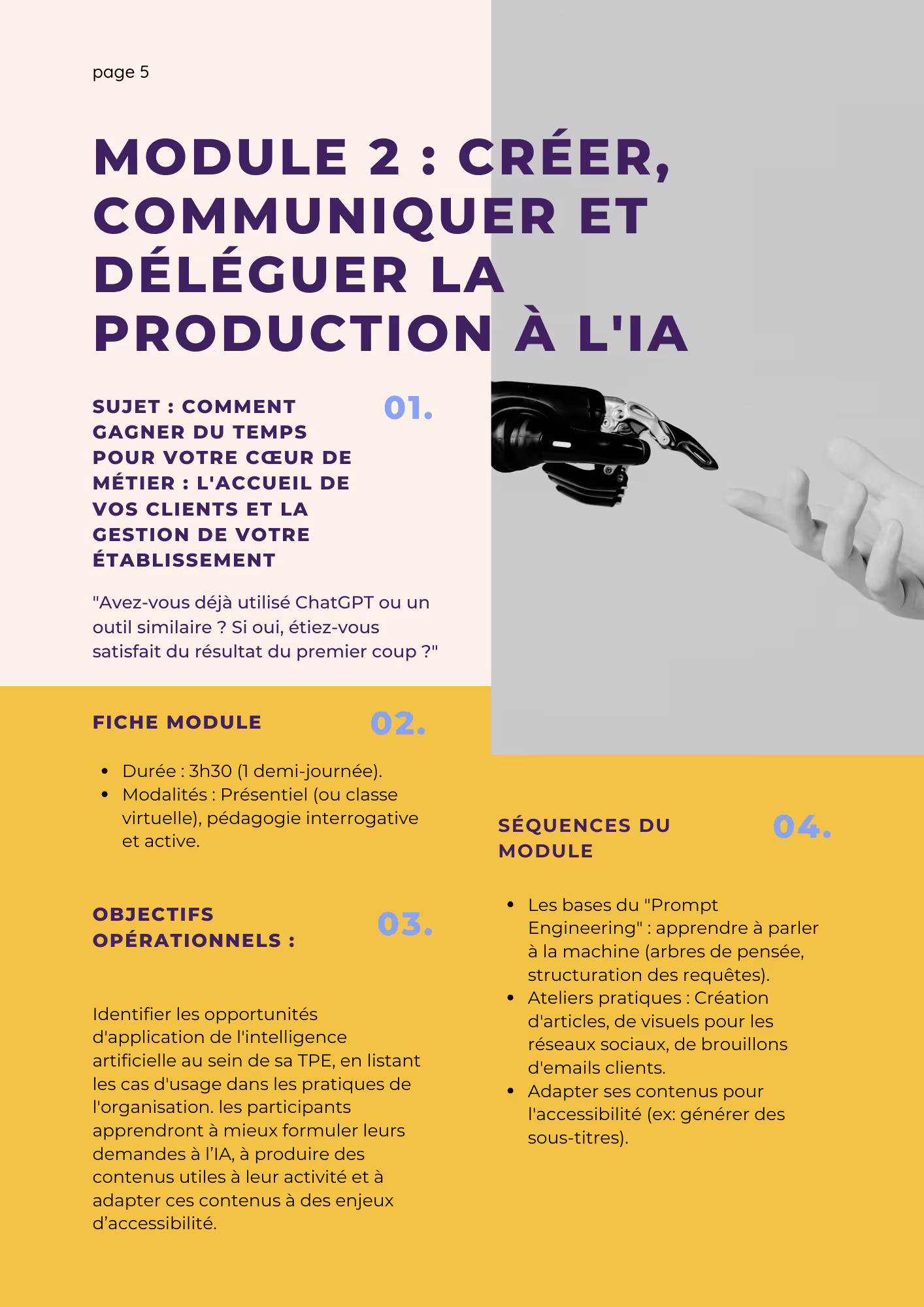 Détail du Module 2 : Utiliser l'IA pour créer des contenus, communiquer et déléguer des tâches de production chronophages.