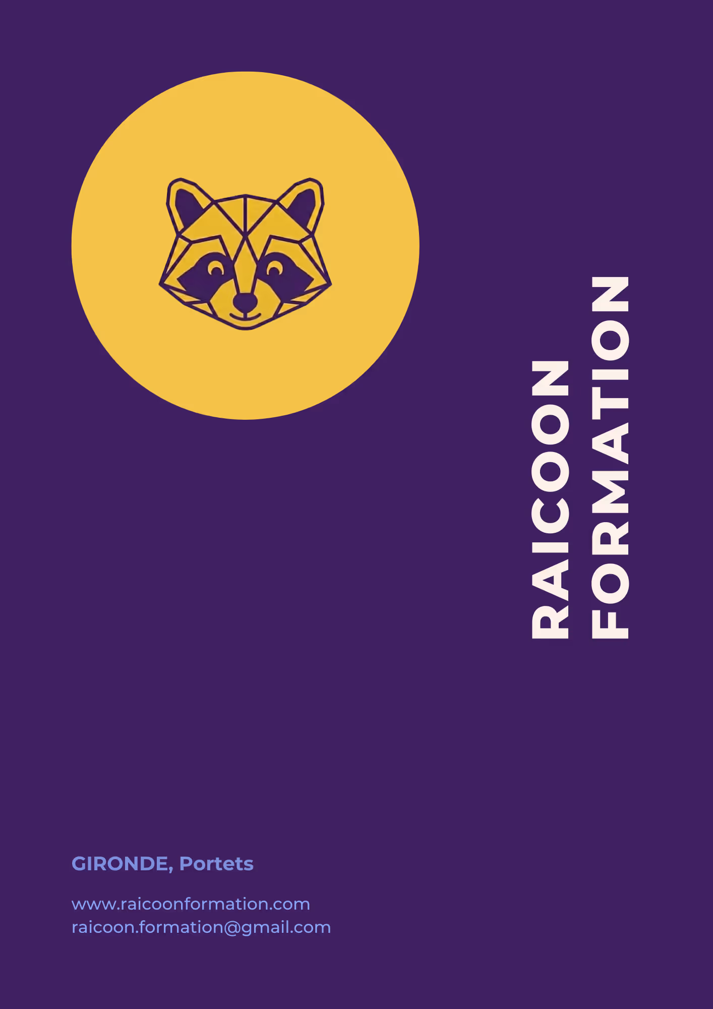 Dos du livret d'accueil Raicoon Formation avec le logo de la mascotte raton laveur et les coordonnées de l'organisme basé à Portets en Gironde.