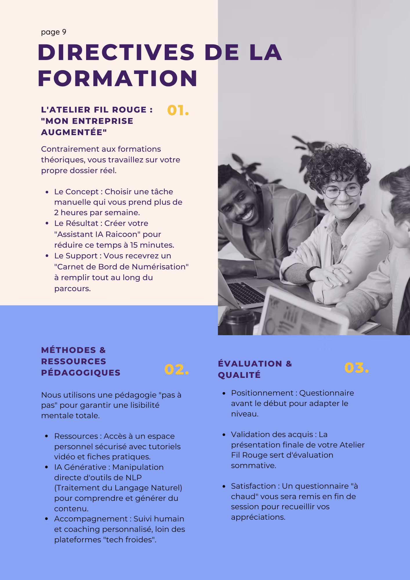 Directives de la formation IA : présentation de l'atelier pratique fil rouge, des ressources pédagogiques avec coaching humain et du système d'évaluation.