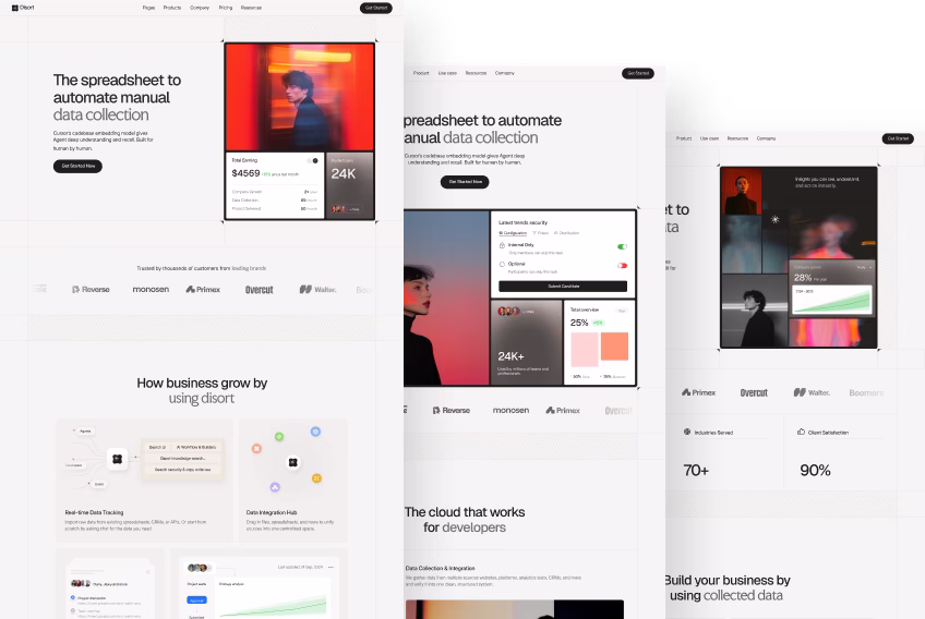 Website homepage showcasing a tool for automating manual data collection with charts, user interface screens, and customer logos.
