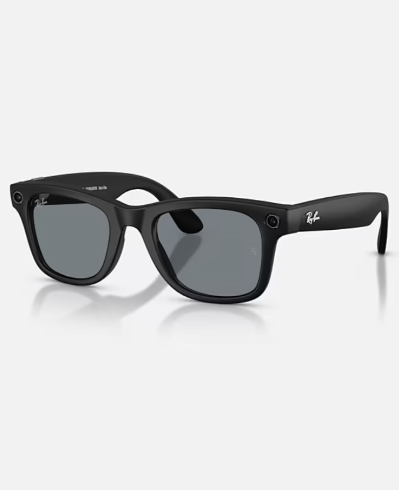 Black Ray-Ban Wayfarer sunglasses with dark gray lenses on a white background.