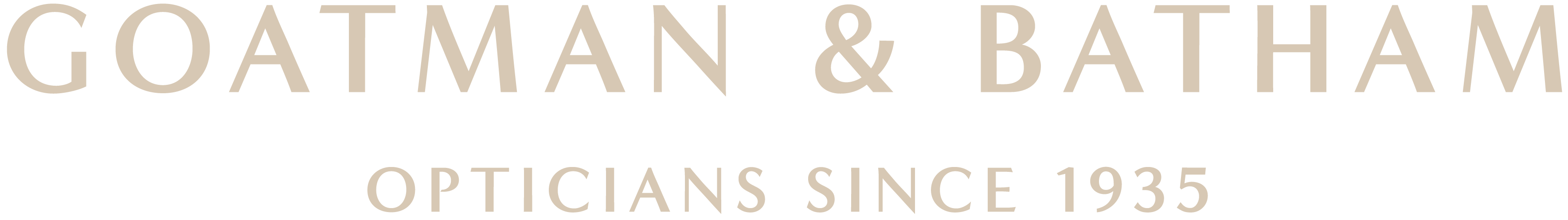Logo text reading GOATMAN & BATHAM OPTICIANS SINCE 1935 in beige letters on black background.