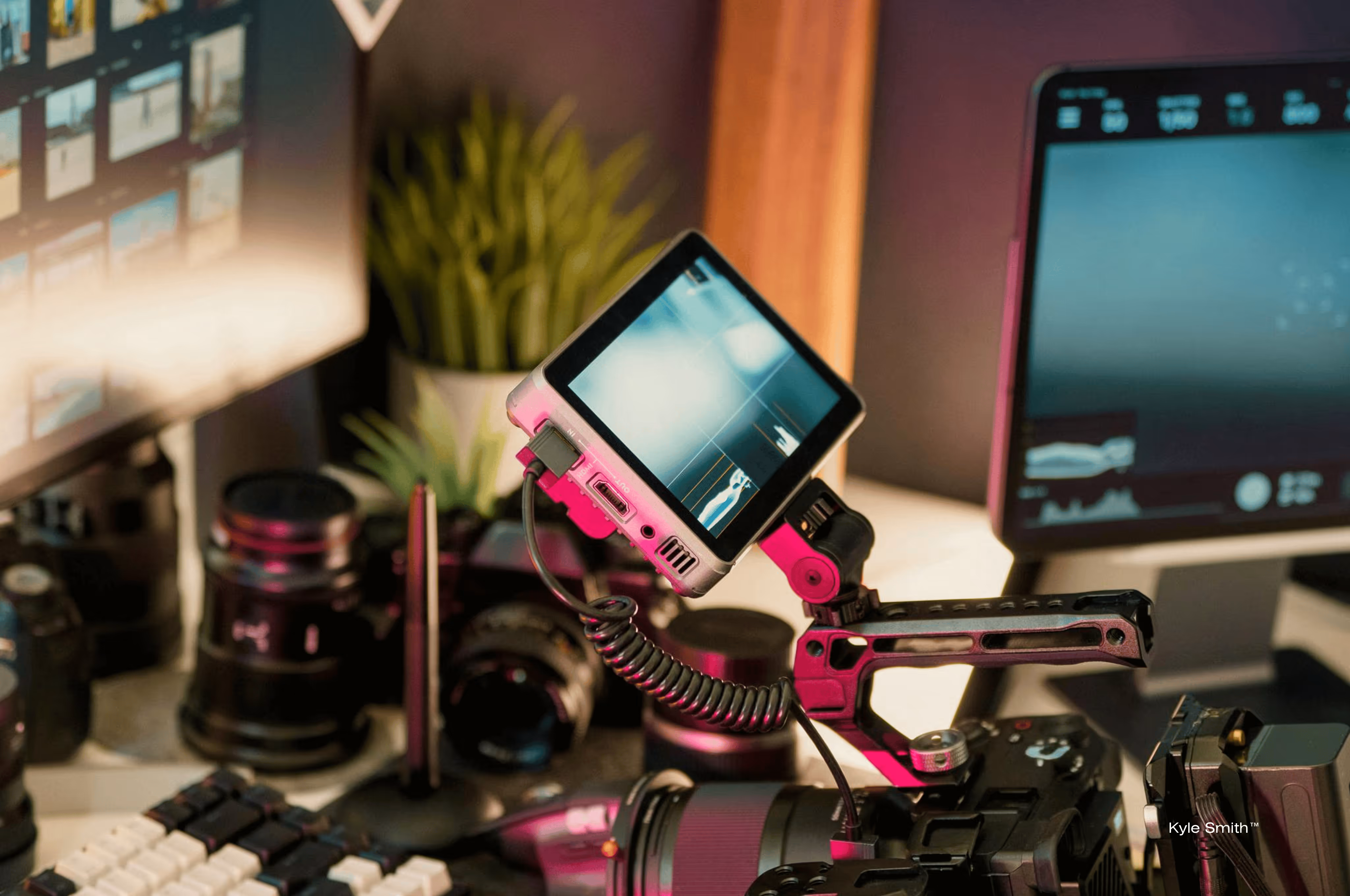 A desk covered in items relating to multimedia production