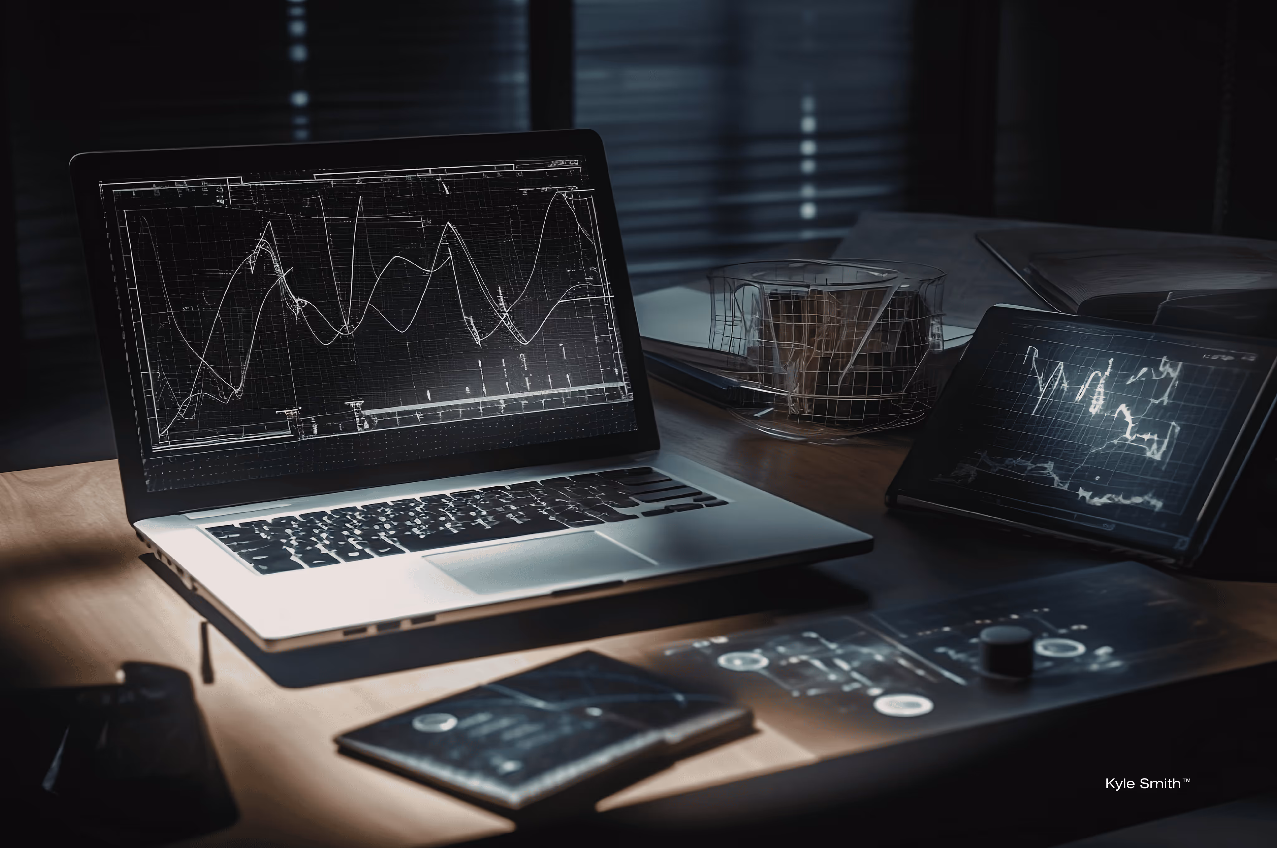 A laptop on a desk displaying a visual representation of real-time data
