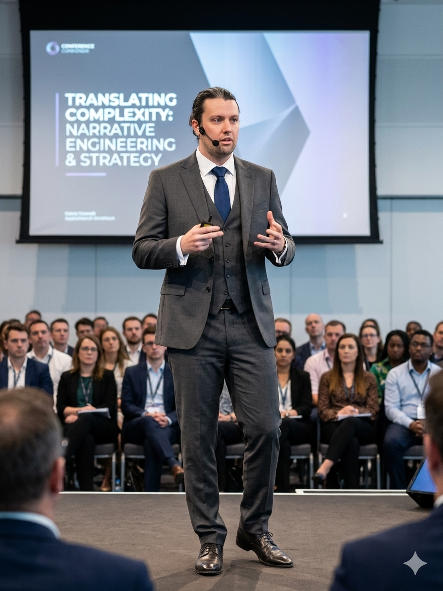 Kyle Smith in formal attire delivering a keynote presentation titled 'Translating Complexity: Narrative Engineering & Strategy' to a large audience.