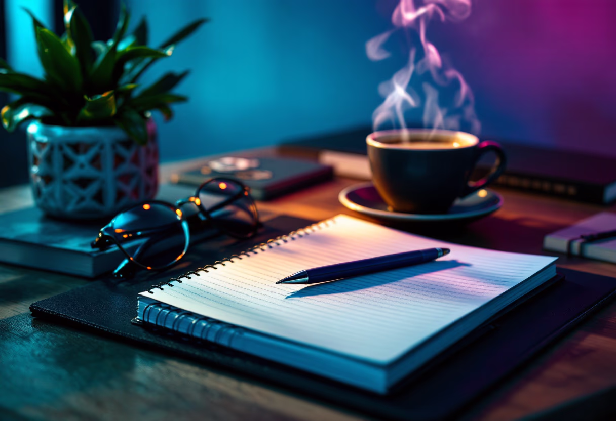 image of a notebook and coffee cup on a table (for a productivity tools business)