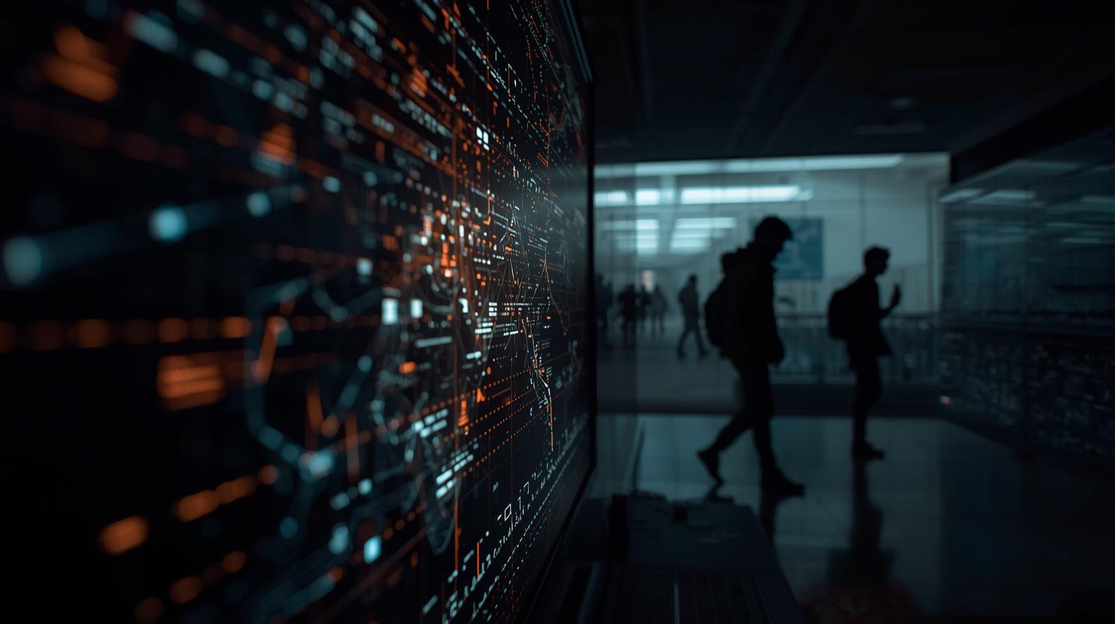 Dark room with a large digital screen displaying orange and blue data charts and silhouettes of people walking in the background.