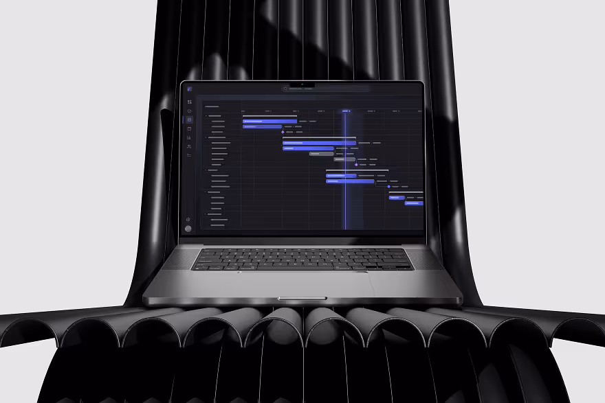 Laptop on black curved plastic tubes background displaying a dark-themed Gantt chart with purple bars.