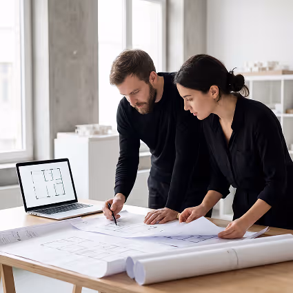 Two architects examining blueprints on a table with a laptop showing floor plans in a bright office.
